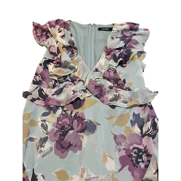Lauren Ralph Lauren Floral Ruffle Georgette Dress Black Label Sz 8 Green Purple - Picture 7 of 10